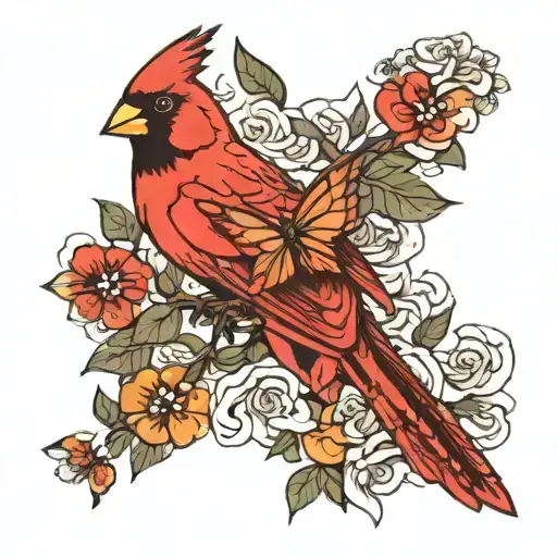 cardinal and butter fly tattoo design idea