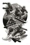 three persons, Snowboard Freestyle, surfing wave, Mountainbike Racing Mountains tattoo design idea