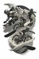 three persons, Snowboard Freestyle, surfing wave, Mountainbike Racing Mountains tattoo design idea