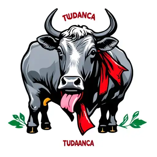 Logo of a restaurant called Tudanca, with a gray tudanca cow with the tongue outside, red scarf, Cantabria flag tattoo design idea