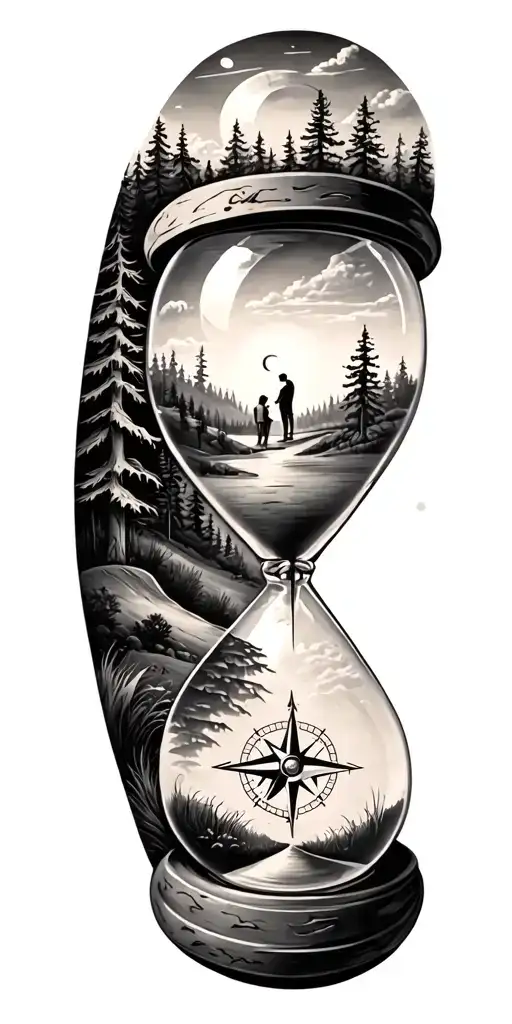 family and forest and hour glass and compass golf course tattoo design idea