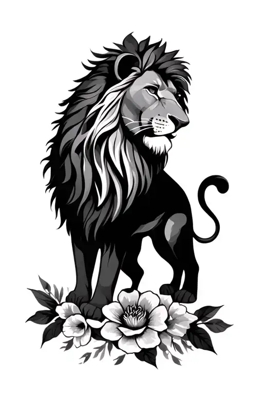 lion and flowers. my two children's heartache and strength of losing a husband but finding love again tattoo design idea