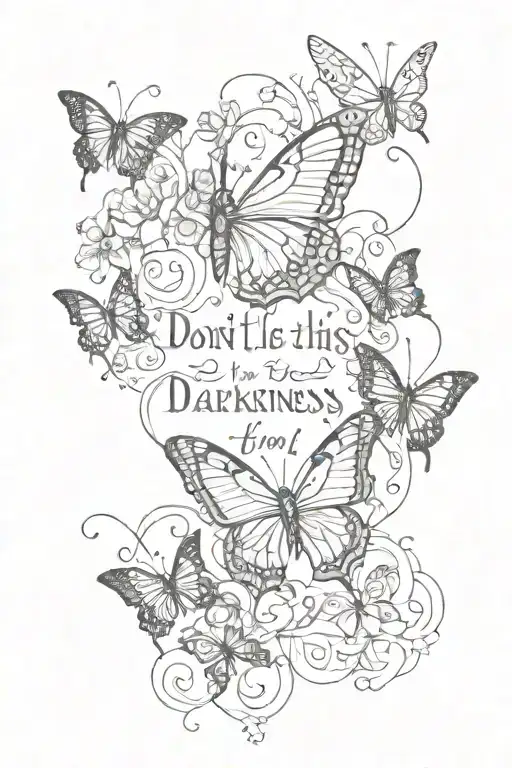 Text "don't let this darkness fool you" and butterflies  tattoo design idea