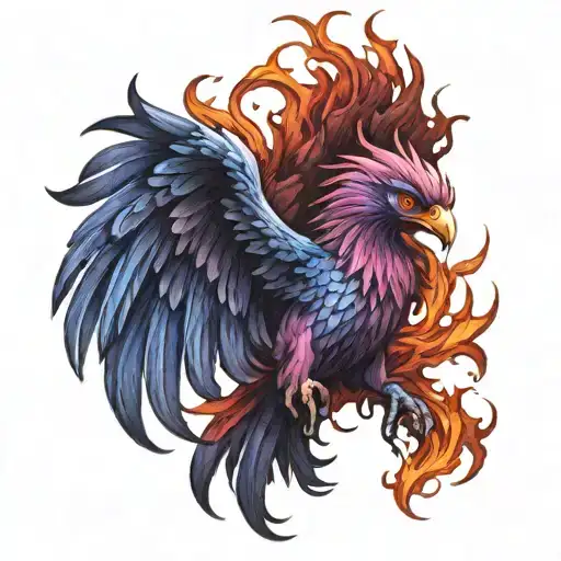 Purple, blue, red and black phoenix rising from flames tattoo design idea