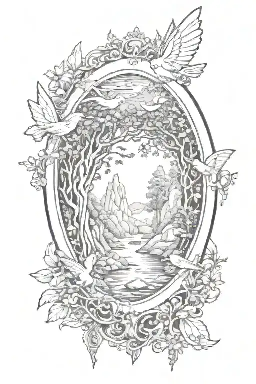 oval renaissance style gold frame with fairies flying, a forest, and waterfall inside tattoo design idea