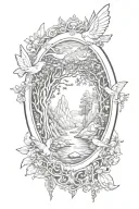 oval renaissance style gold frame with fairies flying, a forest, and waterfall inside tattoo design idea