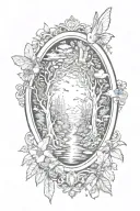 oval renaissance style gold frame with fairies flying, a forest, and waterfall inside tattoo design idea