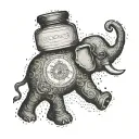 A vintage pharmacy bottle morphing into an elephant silhouette tattoo design idea