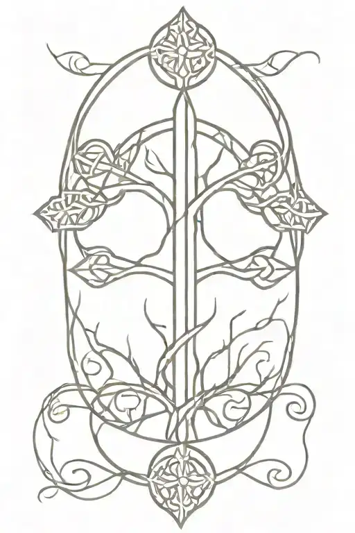a simple black cross in the center of a celtic tree of life. located on the forearm tattoo design idea