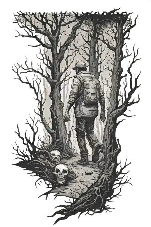 man walking in dark dead forest tattoo design idea