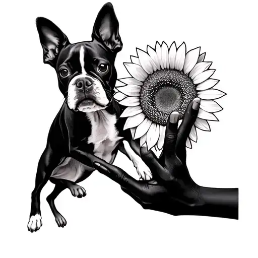 half a sunflower with  boston terrier jumping into a womans hand black and white  tattoo design idea