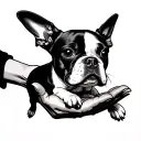 half a sunflower with  boston terrier jumping into a womans hand black and white  tattoo design idea