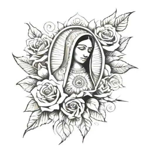 lady of Guadalupe Mexican with roses wrapped tattoo design idea