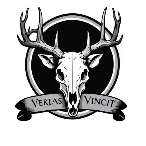 Forward facing Deer Skull with "Veritas Vincit" written under it tattoo design idea