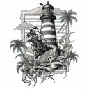 lighthouse palm trees and pirate skeleton in cage shattered tattoo design idea