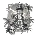 lighthouse palm trees and pirate skeleton in cage shattered tattoo design idea