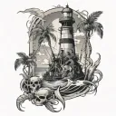 lighthouse palm trees and pirate skeleton in cage shattered tattoo design idea