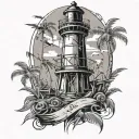 lighthouse palm trees and pirate skeleton in cage shattered tattoo design idea