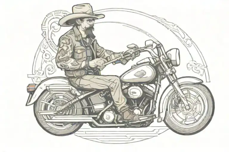 a man holding a wrench riding a Harley Davidson wearing a cowboy hat with no beard tattoo design idea