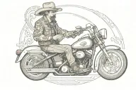 a man holding a wrench riding a Harley Davidson wearing a cowboy hat with no beard tattoo design idea