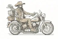 a man holding a wrench riding a Harley Davidson wearing a cowboy hat with no beard tattoo design idea