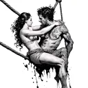 guy being saved from hell on a rope by a women  tattoo design idea
