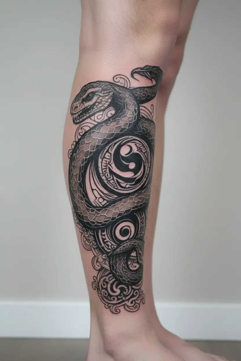 outline of a tattoo that has a snake with a yin-yang symbol subtly incorporated into it tattoo design idea
