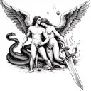 Adam and Eve casted out of garden of Eden from angel and fiery sword with snake and apple on the ground tattoo design idea