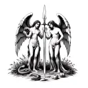 Adam and Eve casted out of garden of Eden from angel and fiery sword with snake and apple on the ground tattoo design idea