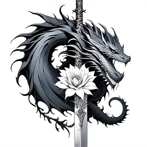 dragon wrapped around a sword with a blooming queen of the night flower  tattoo design idea