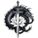 dragon wrapped around a sword with a blooming queen of the night flower  tattoo design idea