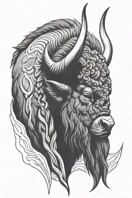 head of bison warrior with horns facing the storm tattoo design idea