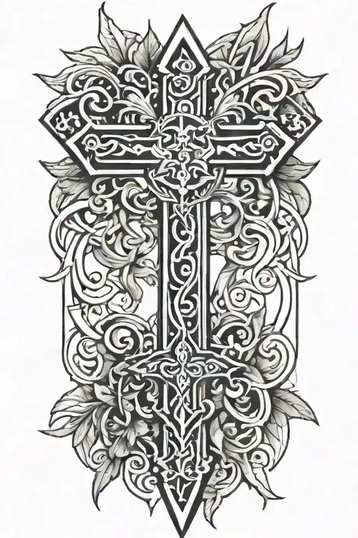 tribal dagger covered with vines and a cross tattoo design idea