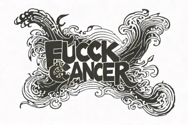 Fuck Cancer text written in japanese, inside A stream tattoo design idea