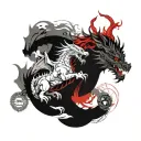 A western style dragon fighting against a Buddist liondog tattoo design idea