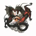 A western style dragon fighting against a Buddist liondog tattoo design idea