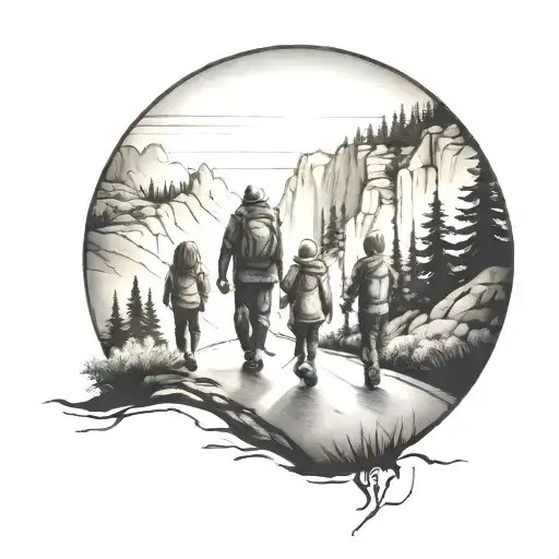family of three walking down the road with forest and cliffs in background tattoo design idea