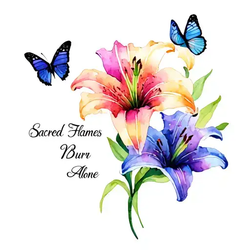 "Sacred Flames Never Burn Alone" 2 lily flowers with butterflies tattoo design idea