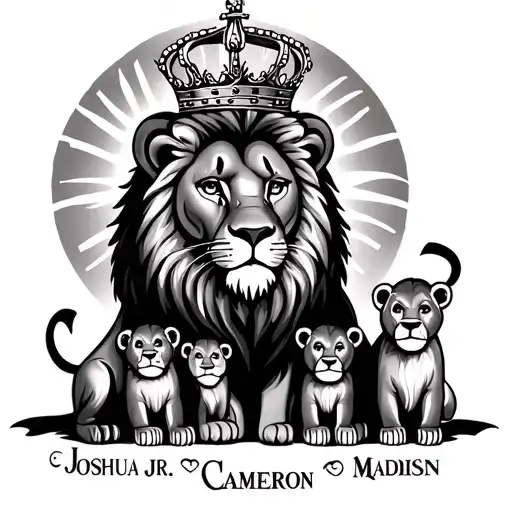 lion with a crown surrounded by 3 cubs with my kids name in each cub, Joshua Jr., Cameron, Madison. also a fatherly quot tattoo design idea