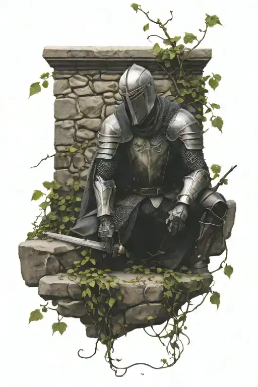 fallen knight sitting against a medieval cobblestone wall with creeping vines  tattoo design idea
