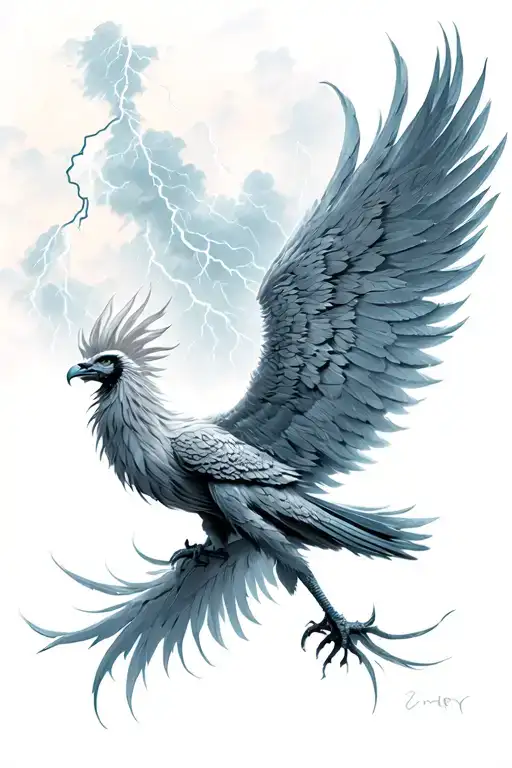 feathered phoenix with outstretched wings with thunder storm behing tattoo design idea