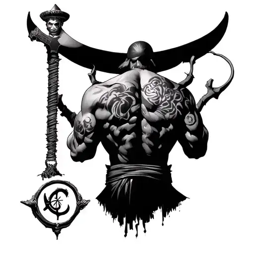 I want from One Piece, Law’s back tattoo but make it look intimidating and realistic. Show me what it’ll look like in re tattoo design idea