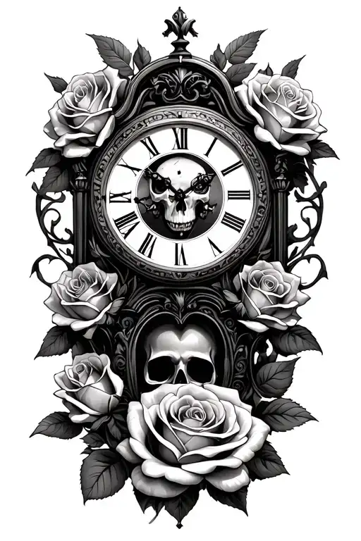 small death clock, surrounded by roses. tattoo design idea