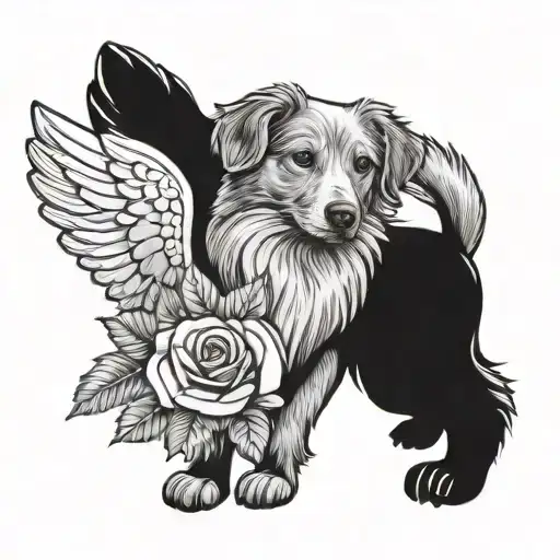 nova scotia duck toller dog  with angel wings rose and paw print surrounded  tattoo design idea