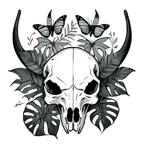 bullskull and monstera leaves and butterfly tattoo design idea