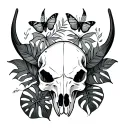 bullskull and monstera leaves and butterfly tattoo design idea