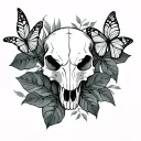 bullskull and monstera leaves and butterfly tattoo design idea