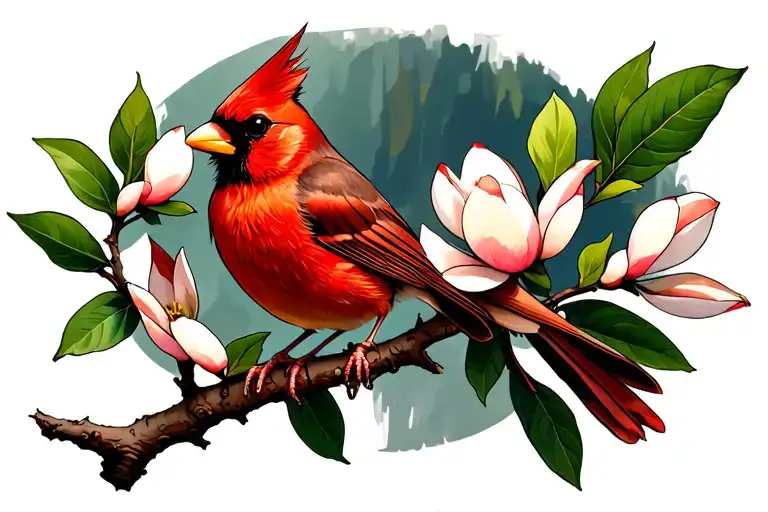 Cardinal sitting on a magnolia branch tattoo design idea