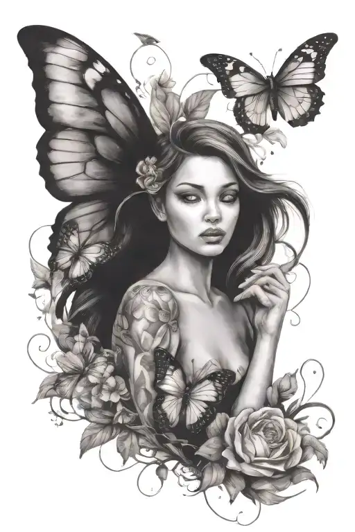 resilient woman with wings overcome any battles with butterflies flowers surrounding tattoo design idea