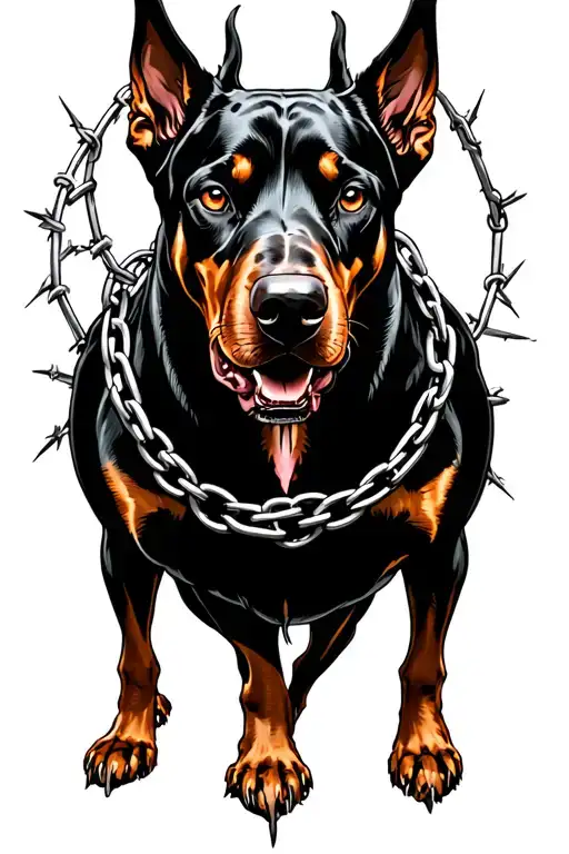 hell hound with three heads on one body, kind of looks like a evil Doberman, detailed, with barbed wire chains  tattoo design idea